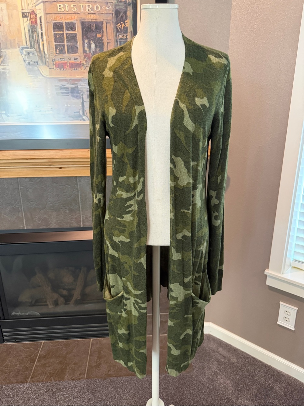 NWT Women’s Open-Front Camouflage Long Cardigan - Olive Green